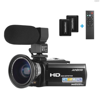 Andoer กล้องบันทึกวิดีโอดิจิทัล HDV-201LM 1080P FHD DV 24MP ซูมดิจิทัล 16X หน้าจอ LCD 3.0 นิ้ว พร้อมแบตเตอรี่ 2 ชิ้น เลนส์มุมกว้างพิเศษ 0.39X และส่วนต่อขยาย