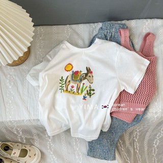 พร้อมส่ง ขายดี เสื้อยืดแขนสั้น ผ้าฝ้าย 100% พิมพ์ลายกวางน่ารัก สไตล์เกาหลี ญี่ปุ่น สําหรับเด็ก