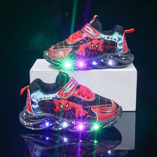 รองเท้าผ้าใบ รองเท้าวิ่ง ตาข่าย ระบายอากาศ ลายสไปเดอร์แมน มีไฟกระพริบ LED สําหรับเด็ก