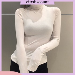 &lt;citydiscount&gt; เสื้อเชิ้ตแขนยาว คอเต่า ลําลอง สีพื้น สําหรับผู้หญิง