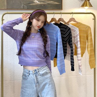 K เสื้อกันหนาวแขนยาว ผ้าถัก แบบบาง เอวสูง ลายทาง แฟชั่นฤดูใบไม้ร่วง สําหรับผู้หญิง MC 3BRS