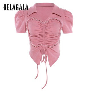 Relagala ใหม่ เสื้อยืดลําลอง แขนสั้น คอปก จับจีบ เข้ารูป สีพื้น แฟชั่นเรียบง่าย สําหรับสตรี 2023