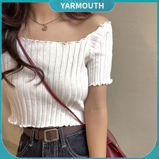 Yyr-- เสื้อครอปท็อป เปิดไหล่ แขนสั้น ผ้าถัก สีพื้น สไตล์สตรีท สําหรับผู้หญิง