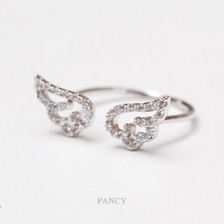 Fancy แหวนนิ้วมือ รูปปีกนางฟ้า ประดับพลอยเทียม สีเงิน ปรับได้ สไตล์เกาหลี ของขวัญวันเกิด สําหรับผู้หญิง