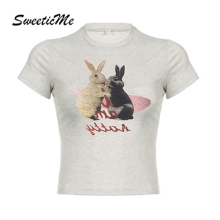 Sweeticme ใหม่ เสื้อยืดลําลอง แขนสั้น คอกลม พิมพ์ลายกระต่าย สีตัดกัน แฟชั่นสําหรับสตรี 2023