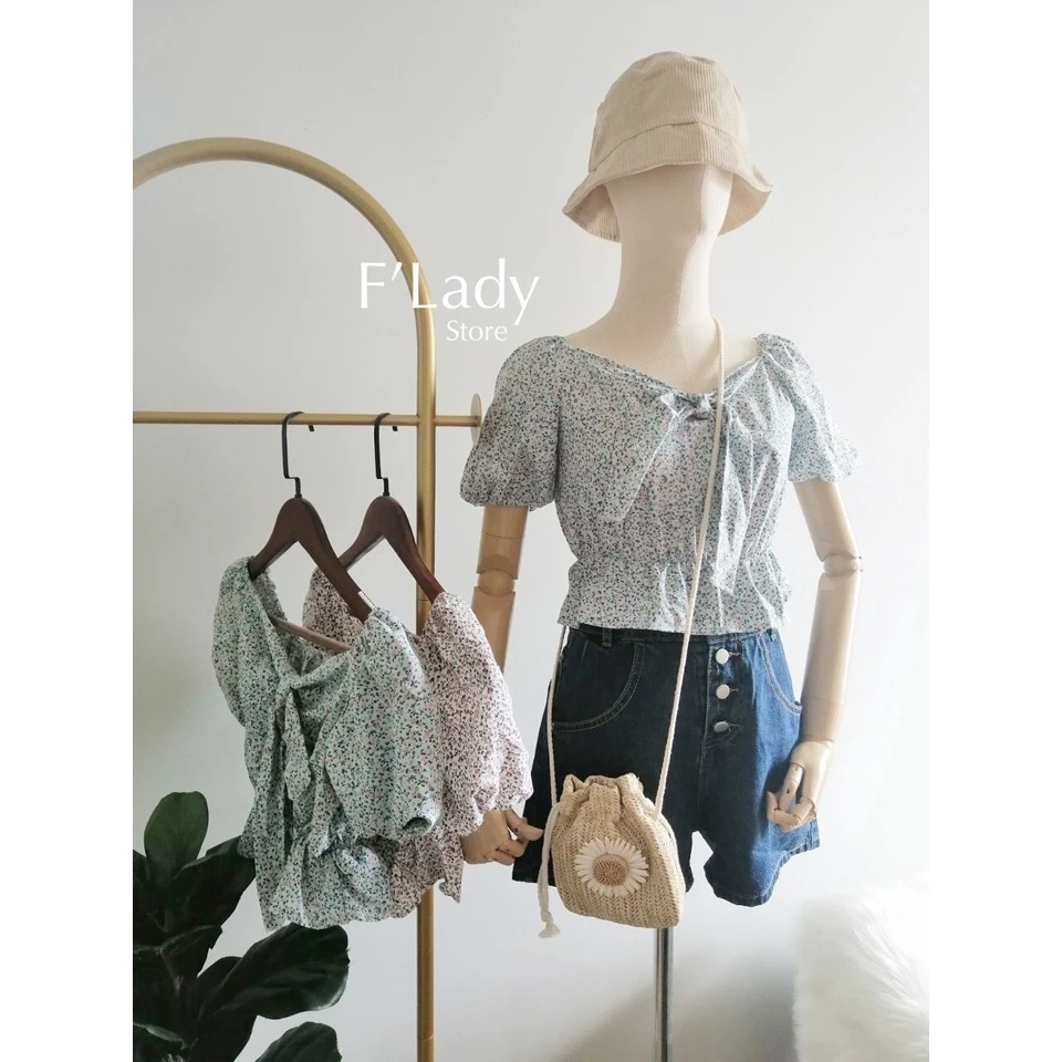 WS144 เสื้อครอปแขนตุ๊กตาผูกโบว์หน้าลายดอกไม้ thumbnail 8