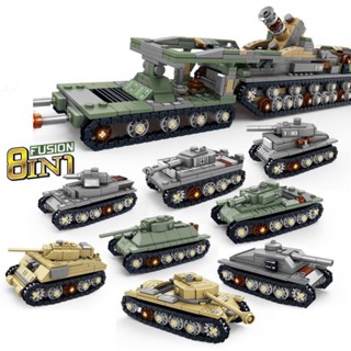 Mytopshop ใหม่ ชุดของเล่นตัวต่อรถถัง MOC WW2 8in1 Heavy Gustav Karl Cannon T34 T38 Stug Tiger M4 Sherman M26 KV1 DIY 1475 ชิ้น