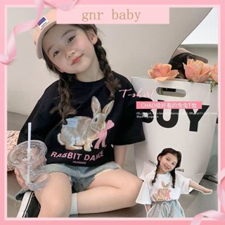 🍓GNR BABY🫐เสื้อยืดแขนสั้น ผ้าฝ้าย ทรงหลวม ลายการ์ตูนกระต่าย ขนาดเล็ก และกลาง สําหรับเด็กผู้หญิง อายุ 3-12 ปี