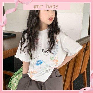 🍓GNR BABY🍊เสื้อยืดแขนสั้นลําลอง ผ้าฝ้าย พิมพ์ลาย ทรงหลวม สําหรับเด็กผู้หญิง อายุ 3-12 ปี