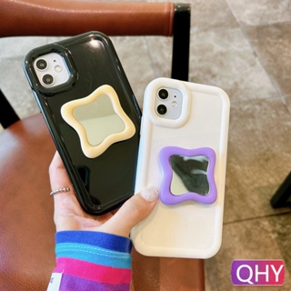 Qhy - พื้นผิวเรียบ สีพื้น ดํา ขาว กระจก ขาตั้ง เข้ากันได้กับ iphone เคส 6 14 7 8 plus XR 11 12 13 SE3 pro max ขอบตรง ป้องกันกล้อง นิ่ม