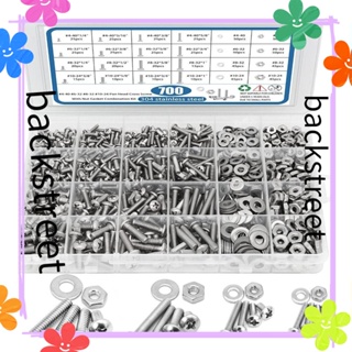 Backstreet ชุดน็อต และสลักเกลียว สเตนเลส 304 10 ขนาด 4-40 700 ชิ้น#6-32#8-32#10-24 พร้อมกล่องเก็บ สกรู น็อต แหวนรอง เฟอร์นิเจอร์