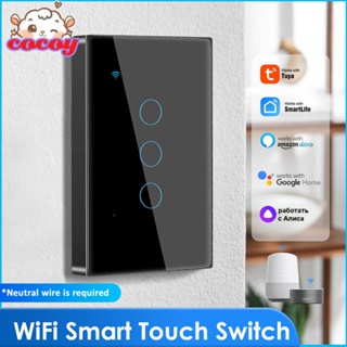 cocoy Tuya Wifi Touch Smart Switch Light ไม่มี Neutral Wire Glass Wall Uk 110v-220v On Off 1/2/3/4 Gang สำหรับ Alexa Google Home Tmall Genie