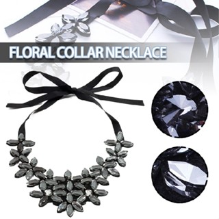 New Lady Flower Ribbon Chain Black Necklace Bib Statement Crystal Collar Jewelry