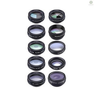 [XS] Apexel 10 in 1 ชุดเลนส์กล้องโทรศัพท์ มุมกว้าง 0.63X มาโคร 15X และ 198°Fisheye + 2X Telephoto + CPL + Star Filter + Radial Filter + Flow Filter + Kaleidoscope 3 + Kaleido