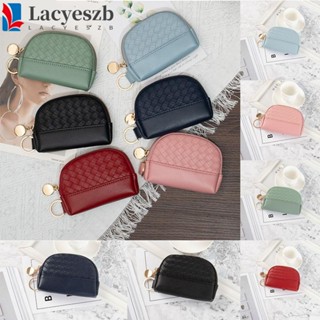 Lacyeszb กระเป๋าใส่เหรียญ หนัง PU ทอ สไตล์เกาหลี กระเป๋าสตางค์ลําลอง สีพื้น มีซิป ใส่บัตร เดินทาง