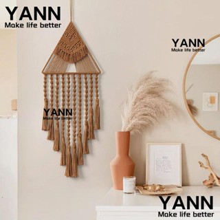 Yann1 ตาข่ายดักฝัน ผ้าฝ้าย ถักมือ ประดับลูกปัดไม้ สีน้ําตาล ขนาด 27x11 นิ้ว สําหรับแขวนตกแต่งผนังบ้าน ห้องนั่งเล่น