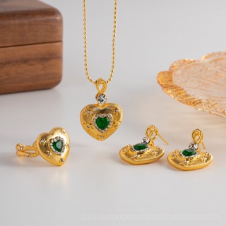 [0731]SDY European and American Court Antique Vintage Retro Elegant Green Zircon Brushed Love Heart Earrings Necklace Ring Female Y2K FGTZ