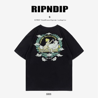 เสื้อยืดแขนสั้น ผ้าฝ้าย พิมพ์ลายการ์ตูนแมว RIPNDIP สไตล์อเมริกัน สําหรับผู้ชาย และผู้หญิง