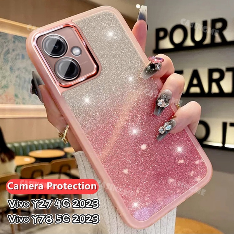 เคสโทรศัพท์มือถือ ซิลิโคนนิ่ม ใส กันกระแทก กันรอยเลนส์กล้อง ลายกลิตเตอร์วิบวับ สําหรับ Vivo Y27 2023