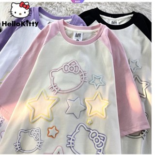 SANRIO เสื้อยืดแขนสั้น คอกลม แบบบาง ทรงหลวม ลายการ์ตูนอนิเมะ Hello Kitty สไตล์ญี่ปุ่น เหมาะกับฤดูร้อน สําหรับผู้หญิง และนักเรียน Y2k