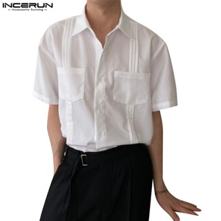 Incerun เสื้อเชิ้ตแขนสั้น แต่งจับจีบ มีกระเป๋าคู่