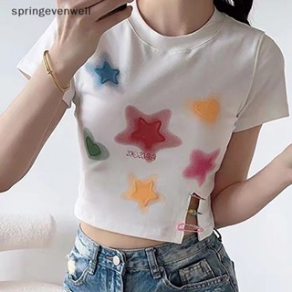 [springevenwell] ใหม่ พร้อมส่ง เสื้อยืดครอปท็อป คอกลม แขนสั้น พิมพ์ลายดาวโดพามีน ทรงสลิม แฟชั่นฤดูร้อน สําหรับผู้หญิง