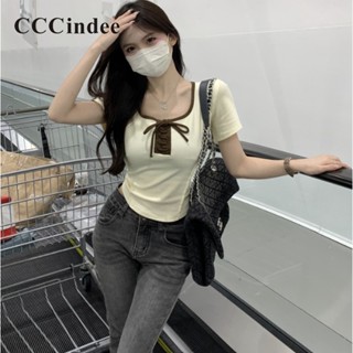 Cccindee เสื้อยืดลําลอง แขนสั้น คอสี่เหลี่ยม สีตัดกัน แฟชั่นใหม่ สําหรับสตรี 2023