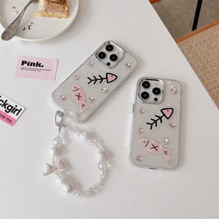 เคสป้องกันโทรศัพท์มือถือ ลายก้างปลา ประดับเพชร สีชมพู สําหรับ Iphone 14Promax 13pro 11 12