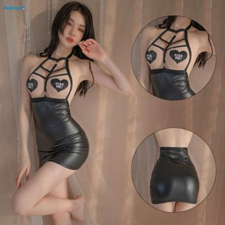 【HODRD】Black Matte Leather Seductive Back Cutout Cosplay Romber Lingerie for Women【Fashion】