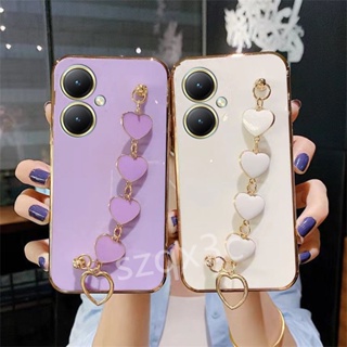 เคสโทรศัพท์มือถือ TPU นิ่ม ขอบตรง ป้องกันเลนส์กล้อง พร้อมสายคล้องมือ สําหรับ VIVO Y78 Y36 Y27 V27 V27e Y02T 5G 4G 2023 Y36 Y27