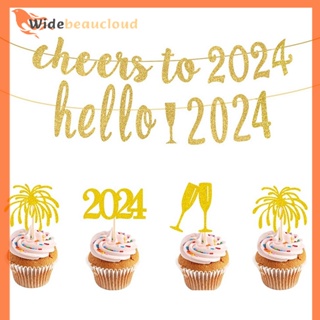 Widebeaucloud 2024 ท็อปเปอร์ไม้จิ้มฟัน ลาย Happy New Year 2024 สําหรับตกแต่งเค้กคริสต์มาส ปีใหม่ 2024