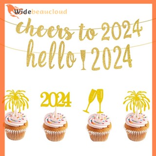 Widebeaucloud 2024 ท็อปเปอร์ไม้จิ้มฟัน ลาย Happy New Year 2024 สําหรับตกแต่งเค้กคริสต์มาส ปีใหม่ 2024