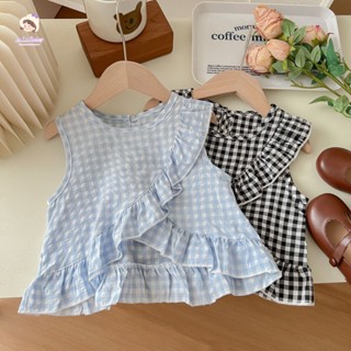 พร้อมส่ง ชุดเสื้อแขนกุด คอกลม แต่งลูกไม้ ลายสก๊อต และกางเกง ทรงหลวม ระบายอากาศ สไตล์เกาหลี แฟชั่นฤดูร้อน สําหรับเด็กผู้หญิง