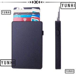 Yunhi กระเป๋าสตางค์ อลูมิเนียม แบบป๊อปอัพ อัตโนมัติ บางพิเศษ ป้องกัน RFID สําหรับผู้ชาย