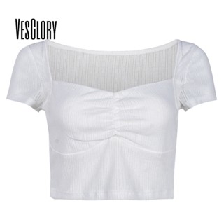 Vesglory เสื้อครอปท็อป คอกลม แขนสั้น สีพื้น ทรงสลิมฟิต แฟชั่นสําหรับผู้หญิง 2023