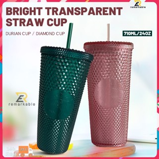 Ready stock Transparent Color Durian Series Coffee Cup Diamond Glitter Powder Straw Cup Conical Water Cup For Daily Use710ml/24oz excellent_th