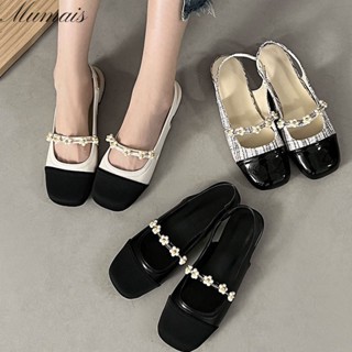 Mumais  Sandals summer new back empty square pearl Korean version wild thick heel Mary Jane shoes