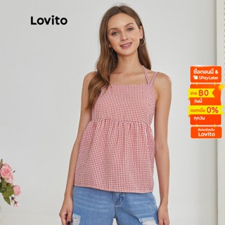 Lovito Preppy เสื้อกล้าม ลายสก็อต คอสี่เหลี่ยม แบบผูกเชือก L24AD146 (สีแดง)