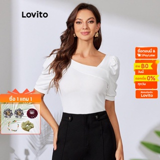 Lovito เสื้อยืด คอไม่สมมาตร ยืดหยุ่นสูง สีขาว L29ED042