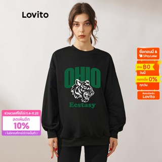 Lovito เสื้อกันหนาวลําลอง คอกลม พิมพ์ลายตัวอักษร เสือ ขนาดใหญ่ สําหรับทุกเพศ LG5A043(สีดํา)