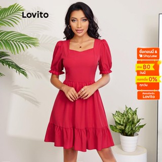 Lovito ชุดเดรสคอหัวใจ แขนพอง ชายระบาย ระบาย เอวสูง สีพื้น สไตล์หรูหรา L27LD098 (สีแดง)
