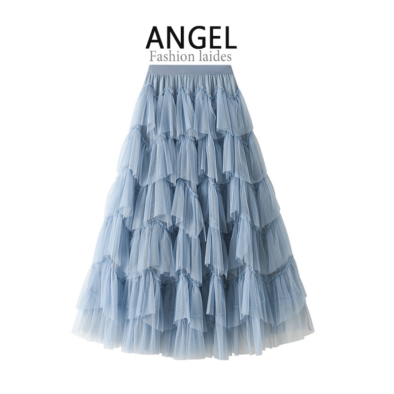 【6 สี】angel กระโปรงยาว เอวสูง ทรงเอ ยืดหยุ่น สีฟ้า สไตล์เกาหลี แฟชั่นสําหรับผู้หญิง