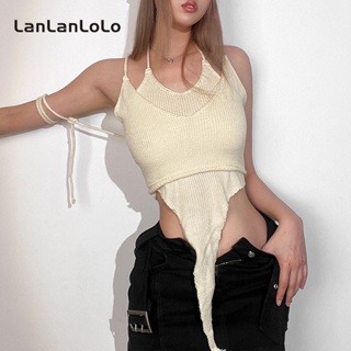 Lanlanlolo เสื้อกล้าม ผ้าถัก เปิดหลัง เข้ารูป สีพื้น สําหรับผู้หญิง 2023