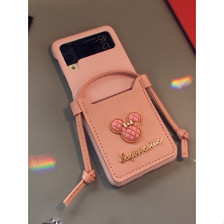 เคสโทรศัพท์มือถือ PC แข็ง ลายการ์ตูนมิกกี้เมาส์น่ารัก พร้อมสายสะพาย สีชมพู สําหรับ Samsung Galaxy Z Flip 4G 4 3 Flip3 Flip4 5G