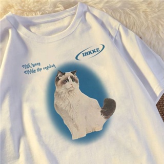 【💘💘】Korean loose retro oversize T-shirt cat printed cotton short-sleeved top for women