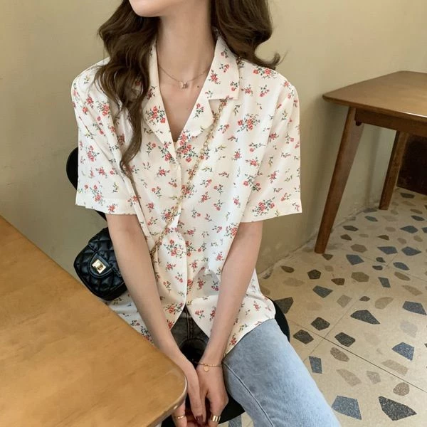 เสื้อเชิ้ตชีฟองแขนสั้น ลายดอก มีปก สไตล์ ins thumbnail 7