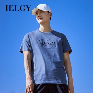 Ielgy เสื้อยืดคอกลม แขนสั้น พิมพ์ลายตัวอักษร สไตล์ฮ่องกง เข้ารูป สําหรับผู้ชาย