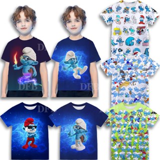 เสื้อยืดแขนสั้น พิมพ์ลายการ์ตูนอนิเมะ Smurf ทรงหลวม ระบายอากาศได้ดี เหมาะกับของขวัญวันเกิด แฟชั่นฤดูร้อน สําหรับเด็ก