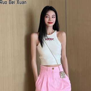 RUO BEI XUAN เสื้อกั๊กถักสตรีสไตล์เกาหลีใหม่แขนกุดถักบางเสื้อครอป