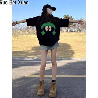 RUO BEI XUAN  เสื้อยืดแขนสั้น Raglan ทรงหลวมสำหรับผู้หญิง